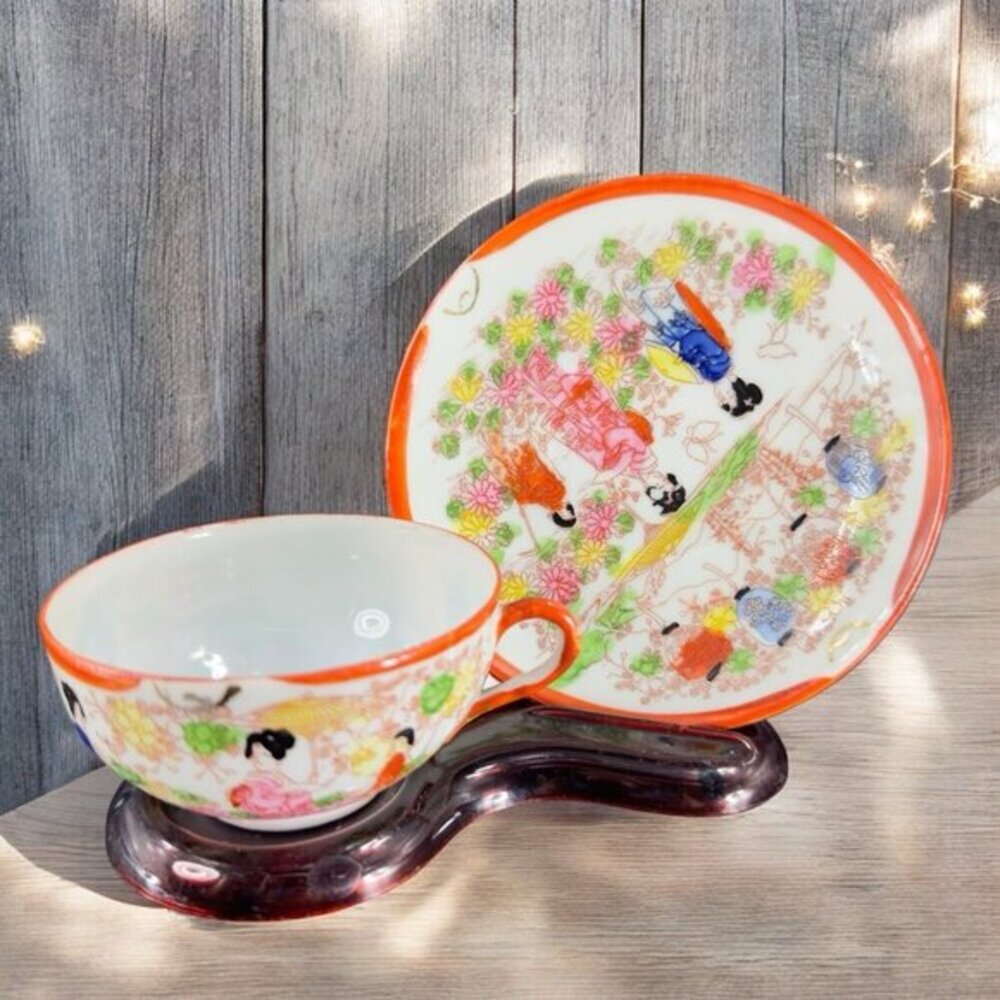 Japanese Kutani Geisha Porcelain Eggshell Thin See‎ Through Teacup Saucer Set